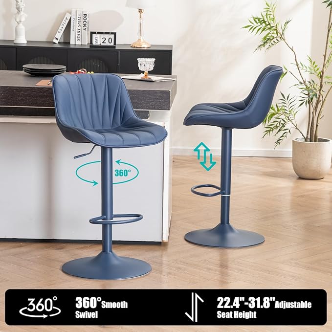 Kidol & Shellder Bar Stools Set of 2 Blue Adjustable Swivel Counter Height Barstools Upholstered Modern PU Leather Bar Chairs Stools for Kitchen Island