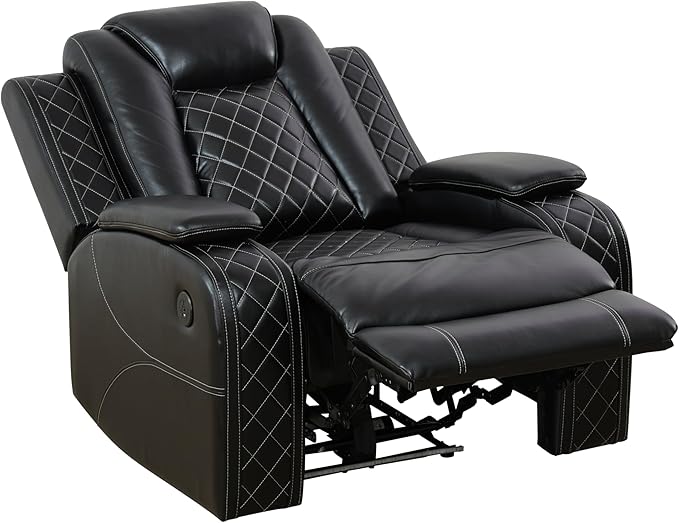 Power Recliner Chair with LED Lights & USB-C Port, Black Leather Electric Lounge Chair