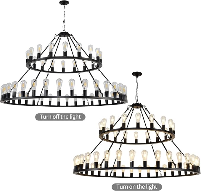 Wagon Wheel Chandelier 2 Tier 54-Light 60-inch, Farmhouse Industrial Chandelier Black Rustic Pendant Light Fixture Extra Large for High Ceilings, Living Room Foyer