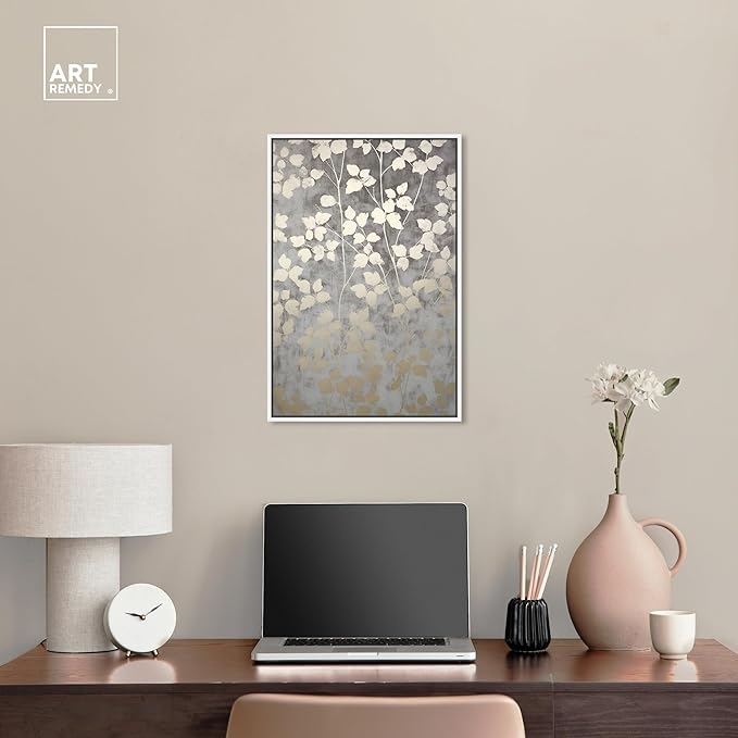 Art Remedy Silvery Gray Garden Canvas Elegant Floral Wall Art, White Frame, 16" x 24"