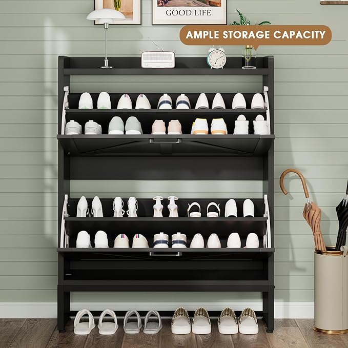 Shoe Cabinet, Shoe Storage Cabinet with 2 Flip Drawers & Adjustable Shelf, Space-Saving Shoe Organizer – Holds 16+ Pairs, Narrow Shoe Cabinet Storage for Entryway/Hallway（Black）