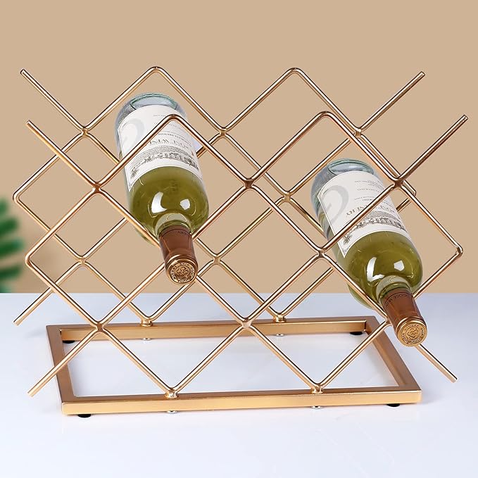 Countertop Wine Rack - 10 Bottle Freestanding Modern Gold Metal Small Wine Rack - Tabletop Wine Holder Stand for Cabinet, Pantry, Wine Bottle Storag…