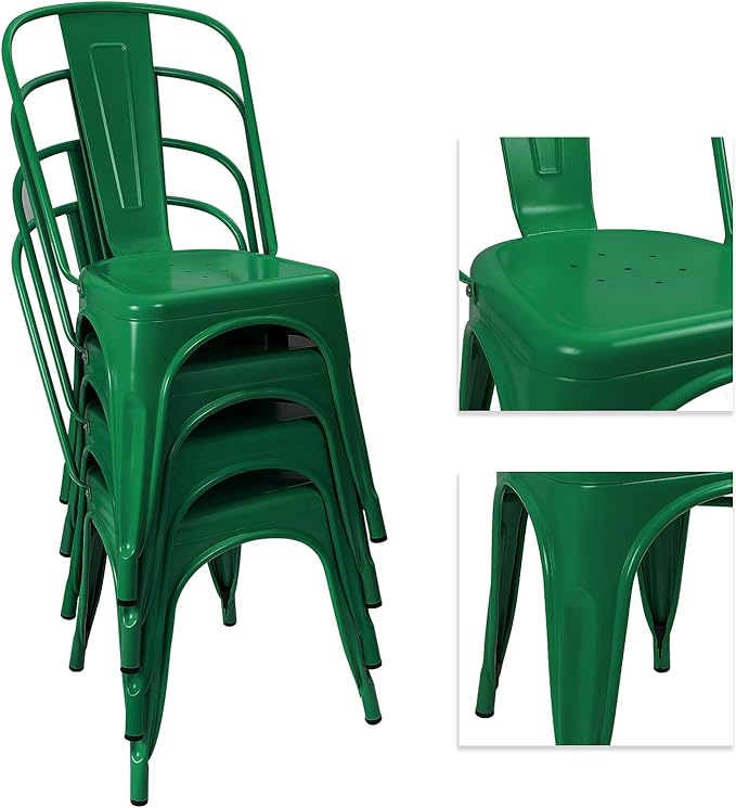 Devoko Metal Indoor-Outdoor Chairs - Distressed Style Kitchen Dining Set of 4 Stackable Side Chairs with Back (Green)
