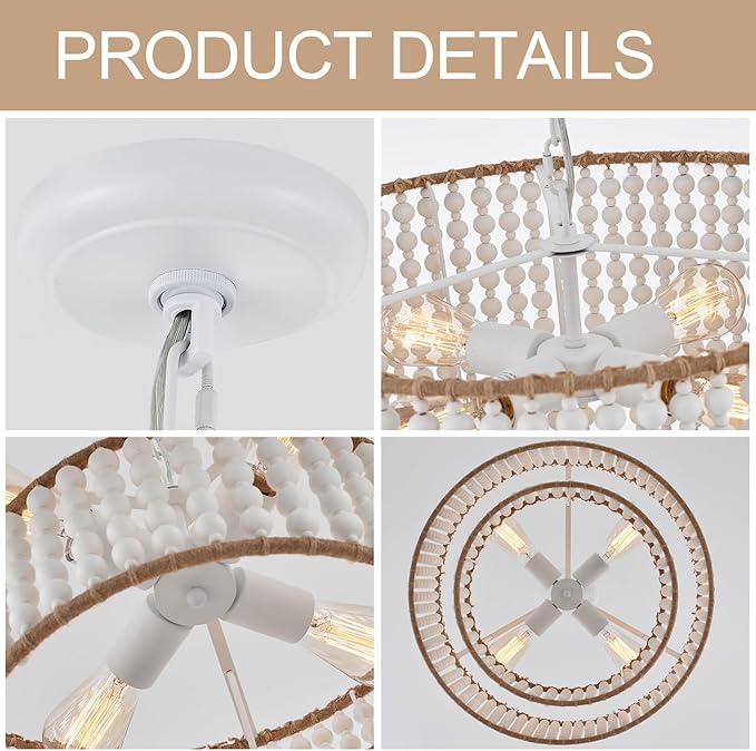 Dia 22 Inch Boho Wood Bead Chandelier Farmhouse, Bohemia Dining Room Light Fixture Over Table, White Bead Pendant Chandelier for Bedroom Kitchen Hallway Entryway Nursery Living Room Foyer