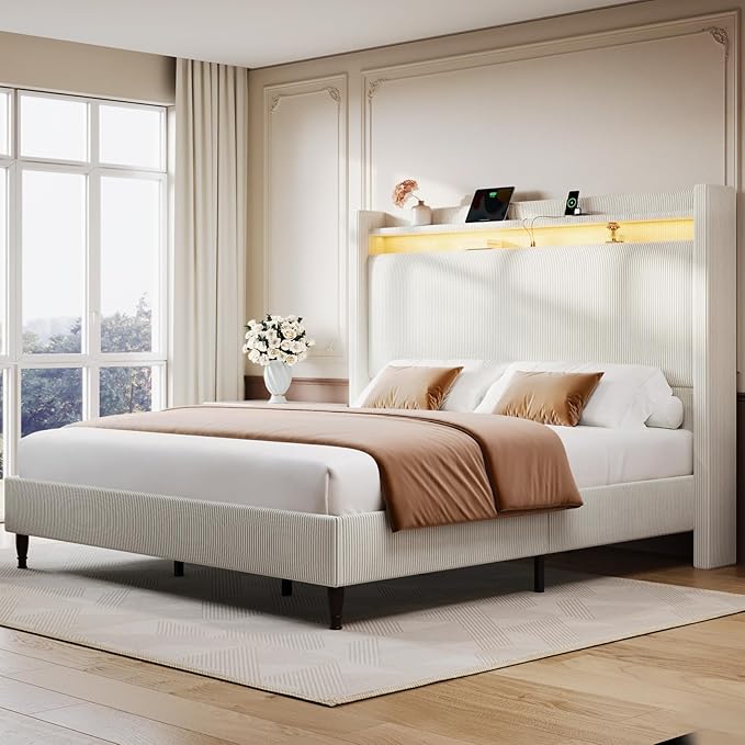 Full Size Bed Frame with Tall Headboard, 55.3" Corduroy Upholstered Platform Bedframe with LED Lights & Charging Station, Cream Full Beds, Wingback Storage Headboard, No Box Spring Needed, Wood Slats