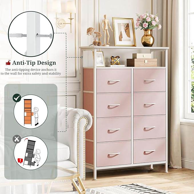 8 Drawers Dresser with Open Shelf, 46" Tall Storage Organizer Chest of Drawer with Wooden Top, Sturdy Metal Frame for Bedroom, Hallway, Living Room, Pink
