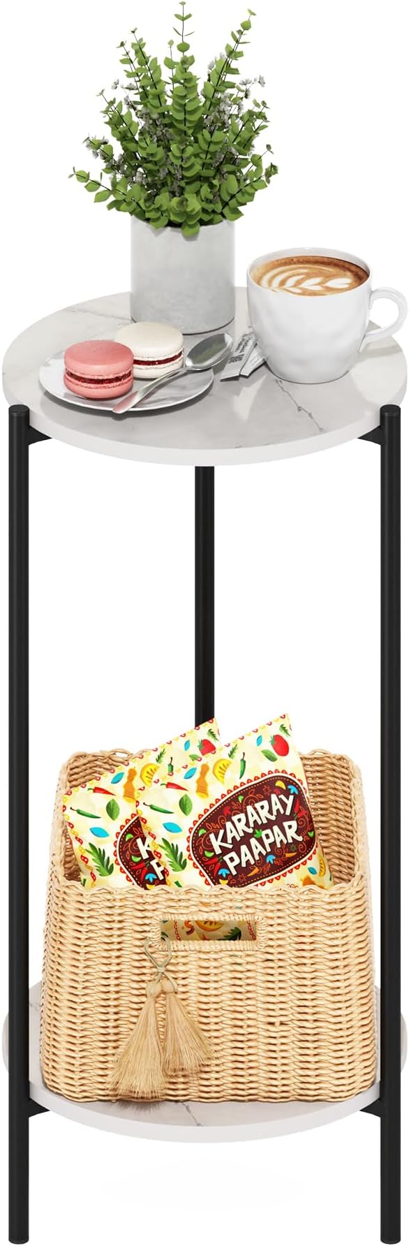 Furinno Besi 2-Tier Modern Tall Round Side End Table with Sturdy Metal Legs, 11.57 (W) x 8.16 (H) x 4.36 (D) inches, Marble White