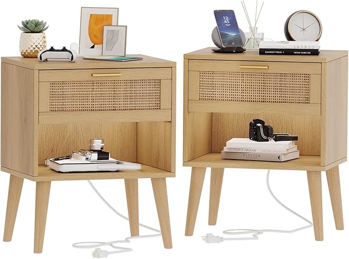 Irontar 17.7'' Wide Rattan Nightstand Set of 2, Bedroom Night Stand with Charging Station & Drawers, Boho Bed Side Table with Solid Legs, Accent End Side Table with Open Shlef, Natural