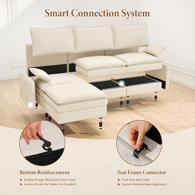 Vesgantti 108" Modular Sectional Sofa, Comfy Cloud Couch with Movable Ottoman Deep Seat Chenille L Shaped Modular Sofa, Sectional Couches for Living Room, Bedroom and Apartment, Beige White | Sink-in Comfort, Height Adjustable, Easy Rearrangement, Extr...