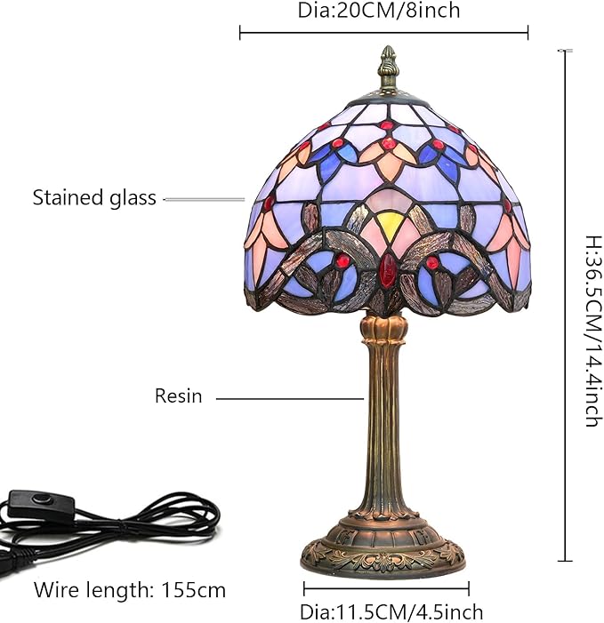 Tiffany Lamp Stained Glass lamp Small Bedside Table Lamps for Living Room Bedroom Dorm Kitchen Home Decor Festival Birthday Gift,Blue Baroque