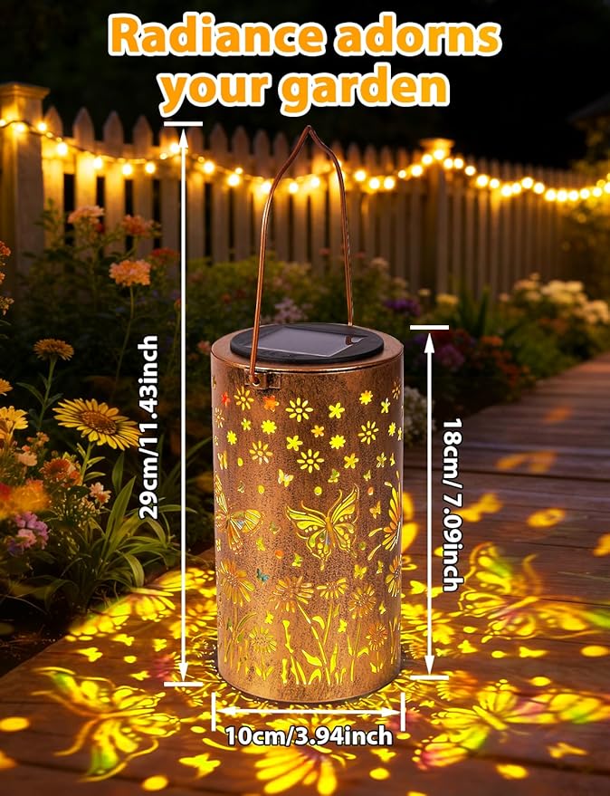 Butterfly Solar Lanterns Outdoor Waterproof, Metal Lantern Garden Lights with Color Projection, Garden Decor Gifts for Mom Women Mother Grandma, Hanging Solar Lights for Yard Porch Patio (Butterfly)