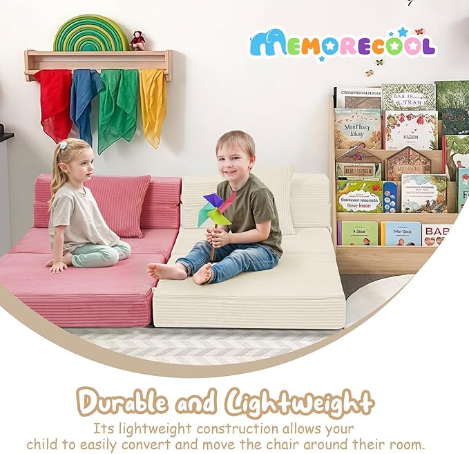 MeMoreCool Folding Sofa for Kids, Corduroy Fold Out Futon Chair, Small Foldable Floor Mattress, Portable Children Couch Sofa, Beige