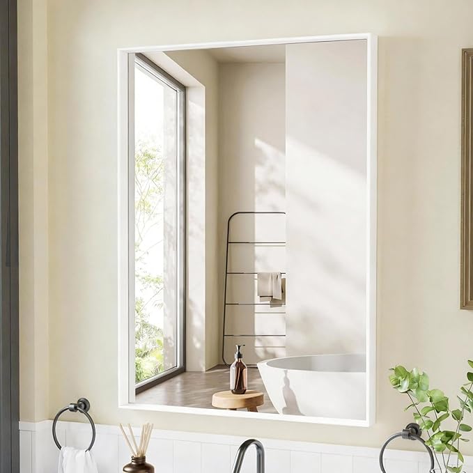 24x32 Inch White Bathroom Mirror, Wall Mounted Bathroom Vanity Mirrors, Rectangle Aluminum Black Framed Mirror, Tempered Glass, Anti-Rust, Mirrors for Over Sink