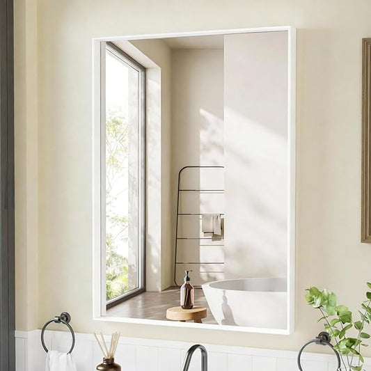 24x32 Inch White Bathroom Mirror, Wall Mounted Bathroom Vanity Mirrors, Rectangle Aluminum Black Framed Mirror, Tempered Glass, Anti-Rust, Mirrors for Over Sink