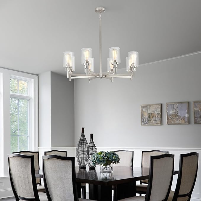 Brushed Nickel Chandeliers for Dining Room | 8 Lights Living Room Light Fixture Over Table | Farmhouse Chandelier with Clear Glass Shade | Hallway Lighting for Kitchen Island | Bedroom | Restaurant