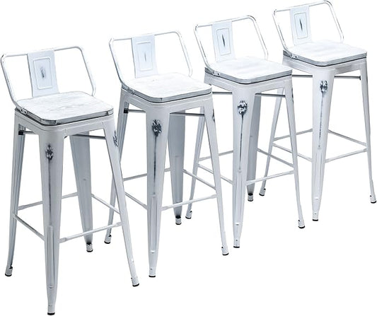 Yongchuang 26" Industrial Metal Barstools Set of 4 Counter Height Bar Stools with Back (Wood Top Low Back, Distressed White)