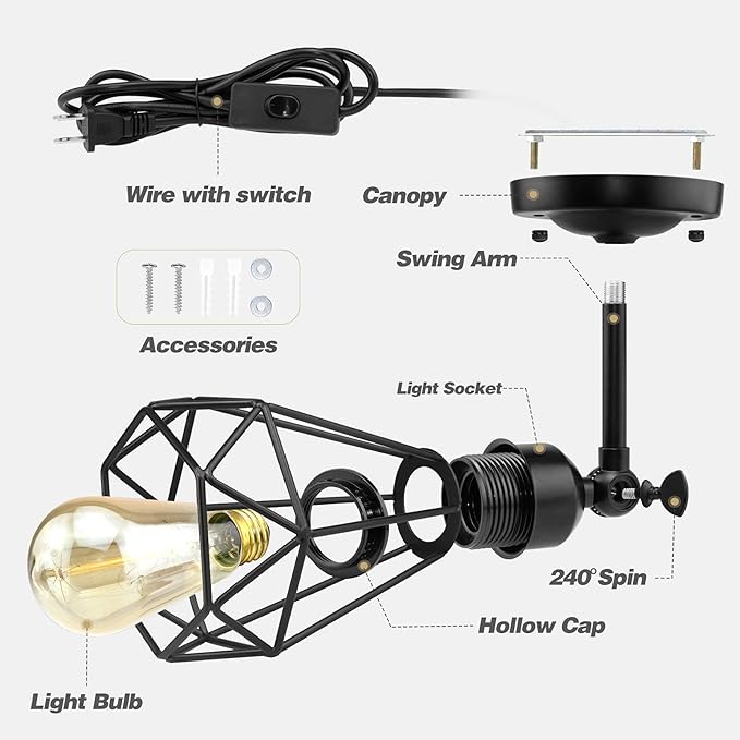 Plug in Wall Sconce, Wire Cage, Industrial Wall Lamp with Plug in Cord, Rustic Sconce Fixture, On/Off Switch Vintage Wall Light Fixture for Headboard Bedroom Porch-2 Pack