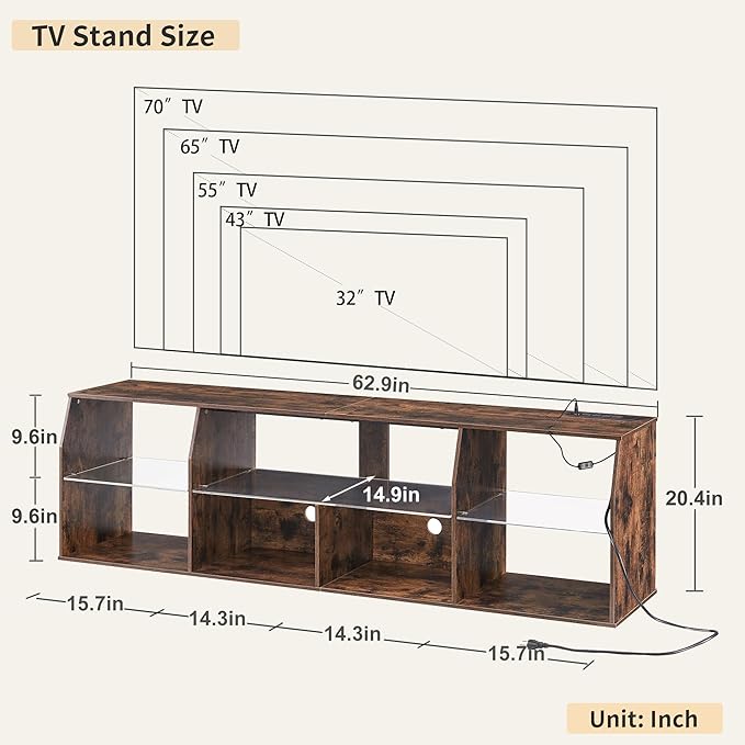 VECELO LED TV Stand for 55 inch, Entertainment Center with Power Outlets, Industrial Television Cabinet with 7 Open Storage Shelves, for Living Room and Bedroom, Retro Brown, 55inch
