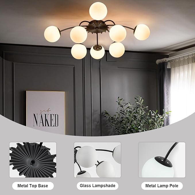 8-Light Milk Glass Pendant Light, 33" Sputnik Bubble Glass Chandelier Light Fixture, Hand Blown Semi Flush Mount Ceiling Chandeliers Lighting for Dining Room, Living Room (Black, 8-Light Ceiling)