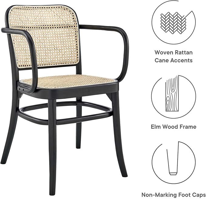 Modway Winona Elm Wood Dining Chair with Cane Rattan Seat in Black 21 x 22.5 x 32