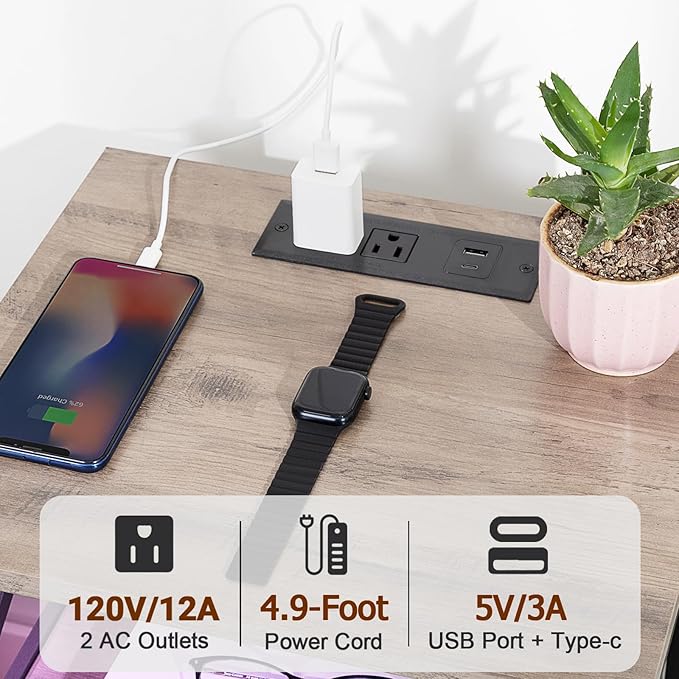 AMHANCIBLE Night Stand Set of 2 with Charging Station and LED Lights, Large 2-Drawer Bedside Tables with USB Ports and AC Outlets, Modern Nightstand for Bedroom, Grey, HET052LGY