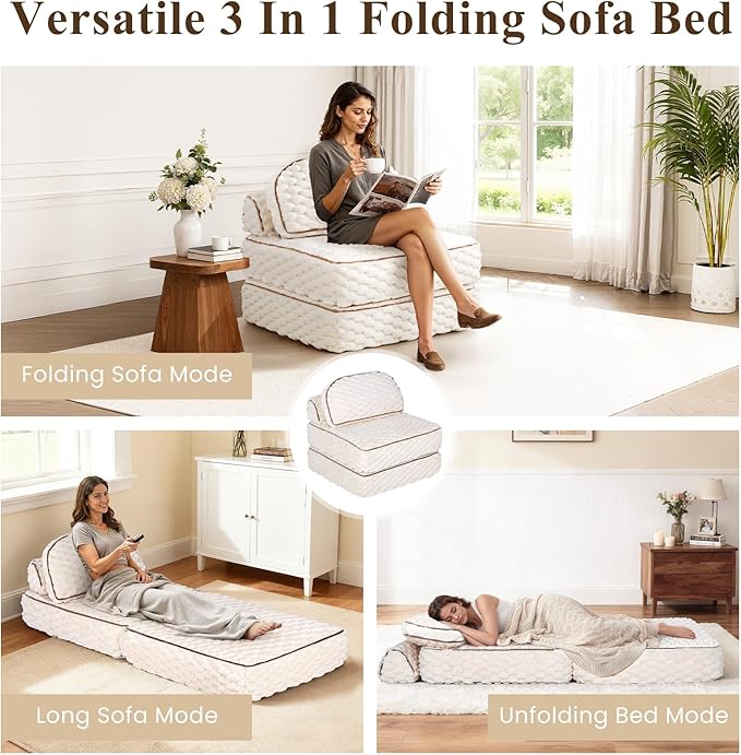 MALOL Folding Sofa Bed, 3-in-1 Convertible Sleeper Chairs with Pillow,Back Support, Fuzzy Fabric Floor Couch Bed for Adults, Boneless Couches Living Room, Bedroom, Apartment,Beige