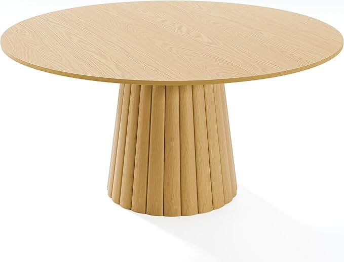 Casaphoria 60" Round Dining Table, Modern Wood Kitchen Table with Cone Shaped Strip Convex Base for Living Room & Dining Room, Easy Assembly Farmhouse Furniture for 4-6, Oak