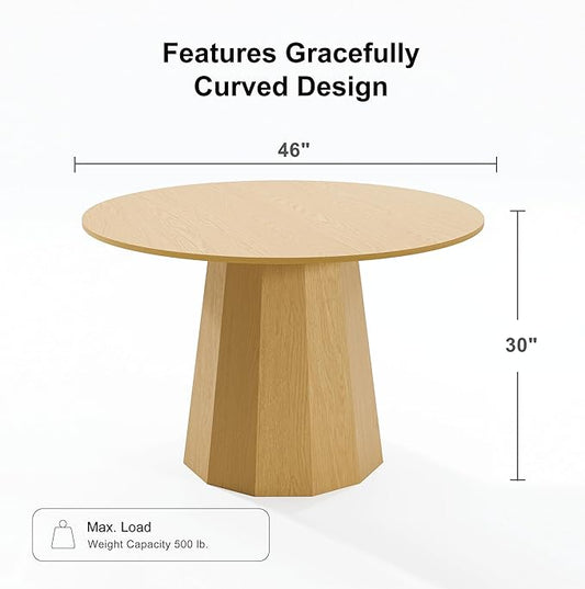 Casaphoria 46" Round Dining Table, Modern Wood Kitchen Table with Cone Shaped Strip Polygonal Base for Living Room & Dining Room, Easy Assembly Farmhouse Furniture for 4-6, Oak