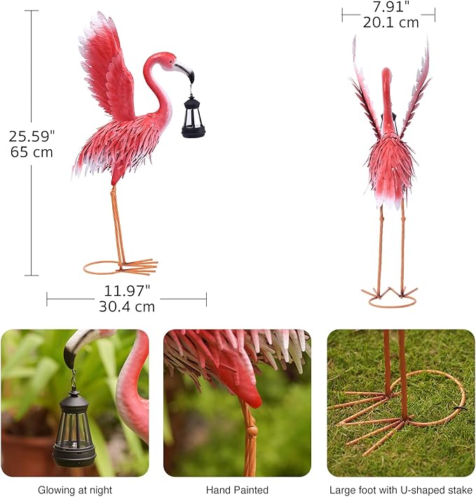 Goodeco 25.6" Metal Flamingo Statue with Solar Lantern - Pink Flamingo for Garden Yard Patio Decorations, Perfect Flamingo Gifts (Flamingo)