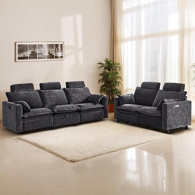 Chenille Power Reclining Sofa Set – 2-Seater Loveseat & 3-Seater Couch with Under-Seat Storage in Middle Seat, Removable Headrests & Throw Pillows, USB Charging Ports (Grey)