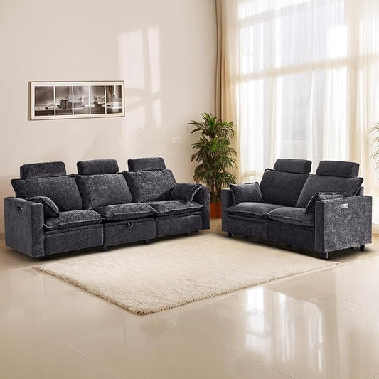 Chenille Power Reclining Sofa Set – 2-Seater Loveseat & 3-Seater Couch with Under-Seat Storage in Middle Seat, Removable Headrests & Throw Pillows, USB Charging Ports (Grey)