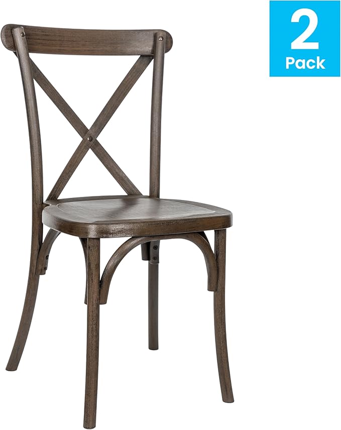 Flash Furniture Hercules Commercial Indoor/Outdoor Cross Back Chair, Wood Look, Weather-Resistant, Lightweight Design, Versatile Use, Set of 2, Dark Brown
