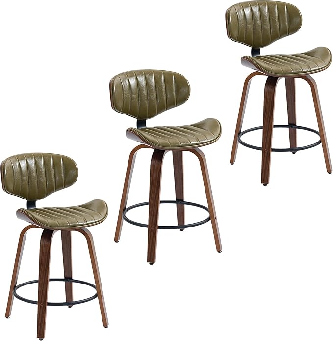 Modern Bar Stools Set of 3, 24 inch PU Leather Wooden Bentwood Barstools Counter Height Swivel Breakfast Bar Chair with Backrest Footrest for Kitchen Island, Dining Room D035-Olive Green-3
