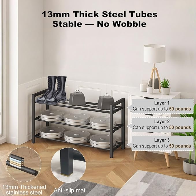 2-Tier Expandable Shoe Rack (17.5"-30.7") – Adjustable Heavy-Duty Metal Shoe Organizer Shelf for Closet, Entryway, Mudroom & Garage – Durable Freestanding Storage, Black