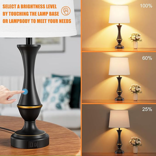 Seealle Upgraded Touch Lamps for Bedrooms Set of 2 - Nightstand Table Lamp with USB C+A, 3 Way Dimmable Lamps for Living Room, Office(White)