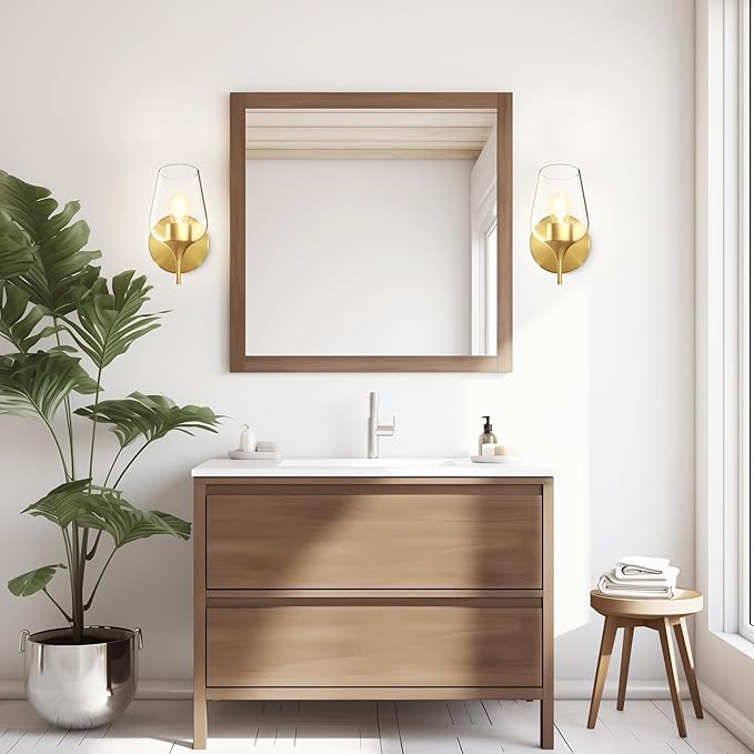 Hamilyeah Gold Sconces Wall Lighting Set of 2, Bathroom Wall Lighting Fixtures Brass, Modern and Vintage Wall Lights with Clear Champagne Glass Shade for Bedroom,Fireplace,Hallway,Kitchen