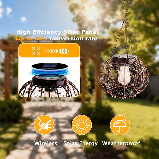 Hanging Solar Lanterns Outdoor Waterproof, Vintage Copper Hanging Lights, Solar Chandelier for Yard Garden Gazebo Pergola Porch Decor, 2 Pack
