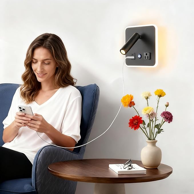 LED Wall Lamp Dimming Wall Mounted Reading Lights, Adjustable Headboard Plug in Wall Sconce with USB+USB C Ports, Headboard Bedside Lamp with 6W+3W Night Light 3000K (Black)