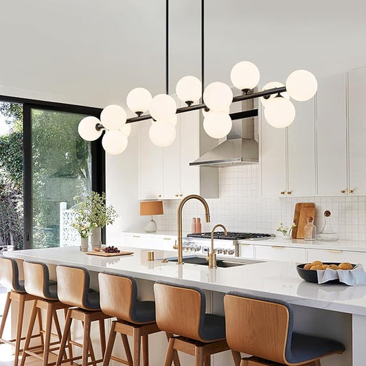 Linear Chandeliers for Dining Room, 55in Sputnik Chandeliers 16-Light Glass Globe Chandelier Black Milk White Bubble Modern Chandelier Large Pendant Lights Kitchen Island Lighting