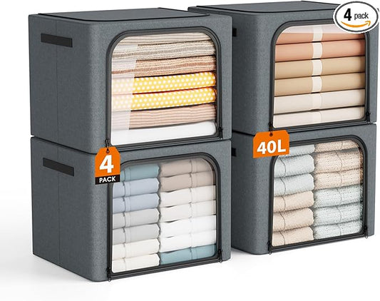 4 Pack Stackable Clothes Closet Storage Bins– 40L Fabric Storage Organizer Box with Metal Frame, Foldable Storage Containers with Lids＆ Clear Window＆ Zippers＆ Handles for Organizing Clothing