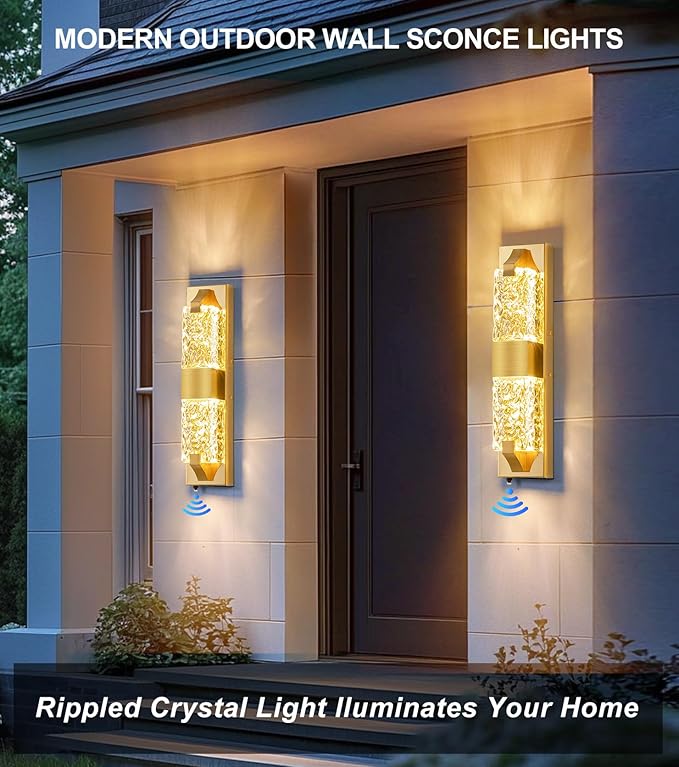 Dusk to Dawn Outdoor Lighting 2Pcs 18.8" Modern Ripple Crystal Porch Lights Outdoor, Waterproof IP65 Hardwired Wall-Mounted Exterior Light for House Entryway, Patio, Doorway (Gold)