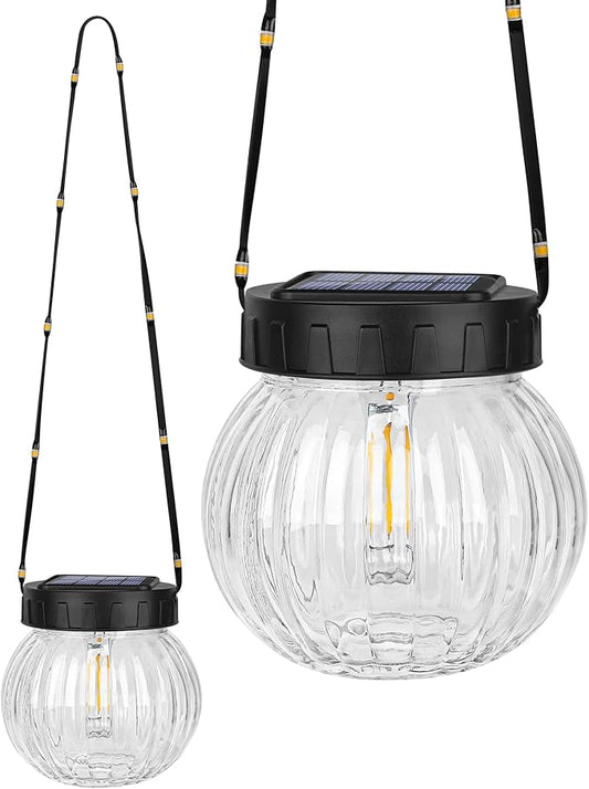 PARTPHONER Solar Lights Outdoor Waterproof 12-Pack, Solar Powered Hanging Lantern Ribbed Glass Hanging Globes for Yard Decor Christmas Decoration, Shepherd Hook, Garden Tree Ornaments, Clear
