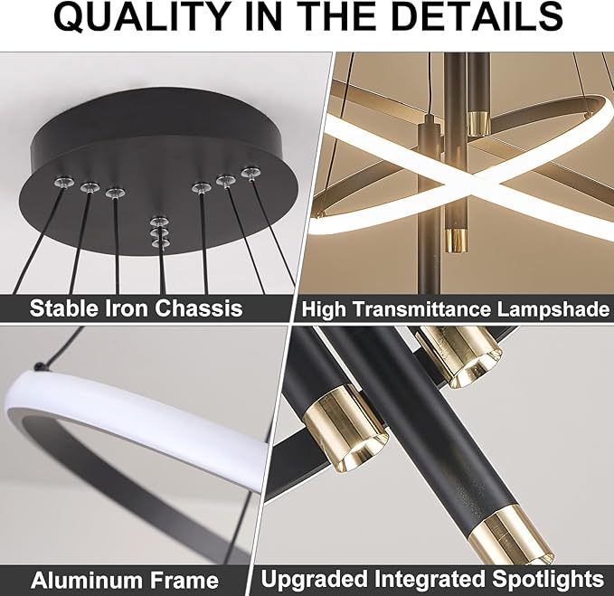 LED Black Modern Chandeliers for Dining Room Bedrooms Living Room, Dimmable 24in 5250lm Kitchen Pendant Lamp Dining Room Light Fixtures Ceiling Hanging Over Table, 2 Ring Round Chandeliers