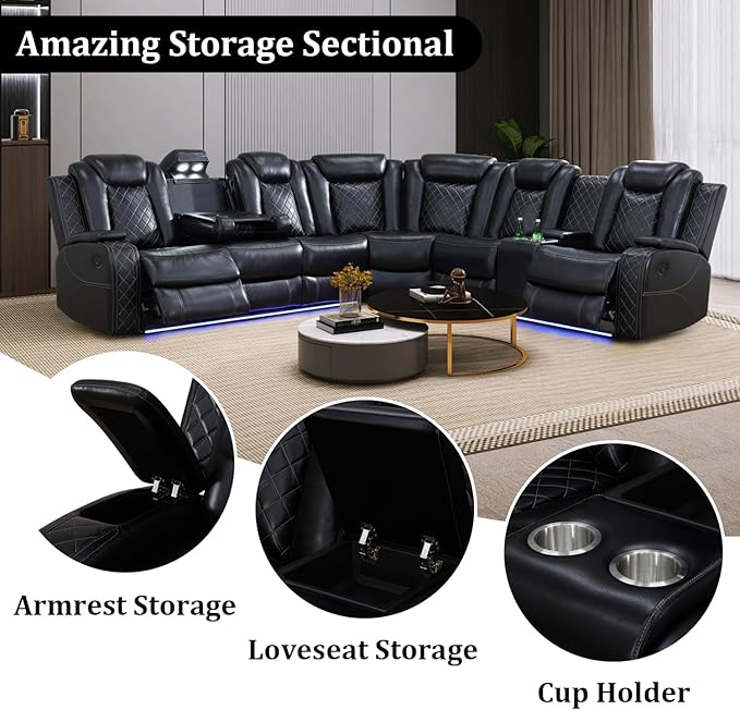 Power Reclining Sectional Sofa Set with LED Lights, Vegan Leather Recliner Sectional Couch for Living Room Furniture,Wireless Charging/USB Charging/Reading Lamp/Armrest Storage,Black