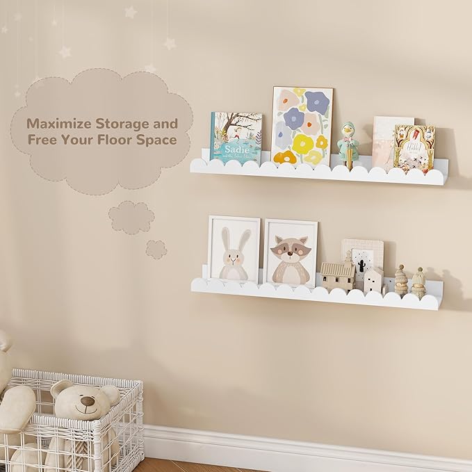 Fun Memories 28 Inch Scalloped Floating Shelf, White Picture Ledge for Wall, Set of 2, Nursery Book Shelves for Baby Room, Kids Rooms, Bedroom