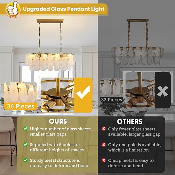 Gold Rectangle Chandeliers for Dining Room Modern Island Light Crystal Cloud Glass 8-Light Chandelier 2 Tier Rectangular Linear Pendant Hanging Ceiling Light Fixture for Kitchen L31.5” (E12)