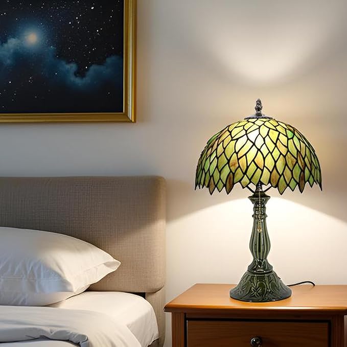 Tiffany Lamp Stained Glass Table Lamps Brownish Green Leafage Style Desk Lamp 12X12X18.5 Inch Bronze Ceramic Base Reading Light Suitable for Bedside Bedroom Living Room Dining Room Office