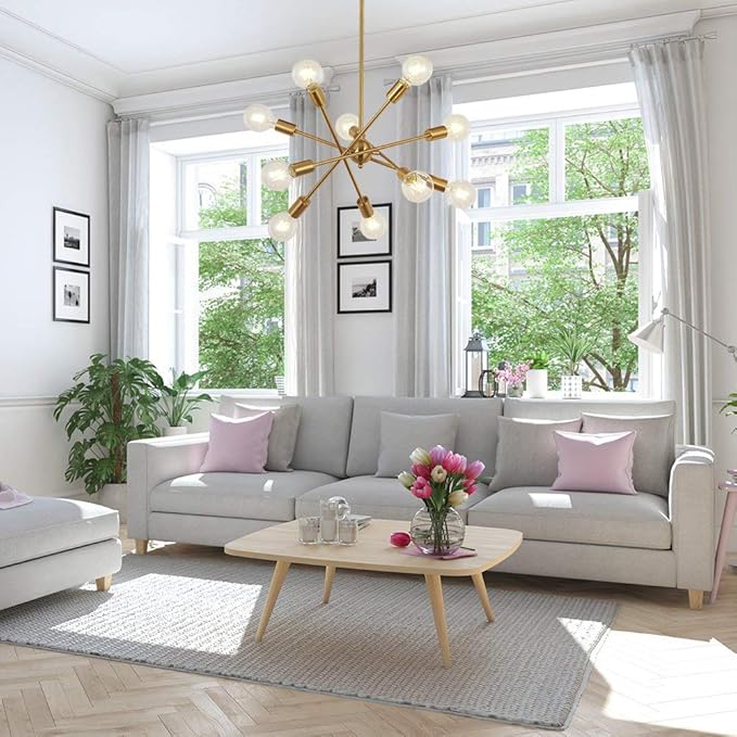 BONLICHT Modern 10 Light Sputnik Chandeliers Brushed Brass with Adjustable Arms Metal Kitchen Light Fixtures Gold Mid Century Pendant Lighting Vintage Industrial Ceiling Lights for Living Room