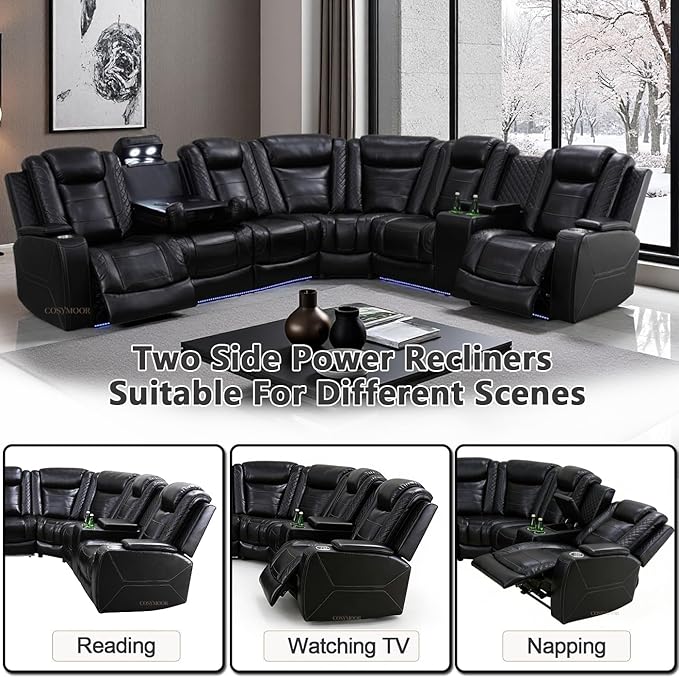Power Recliner Sectional Sofa with LED Light for Living Room, Black Leather Reclining Sofa Corner Sectional Couches Set, Cup Holder, Storage Console for Home Theater Seating