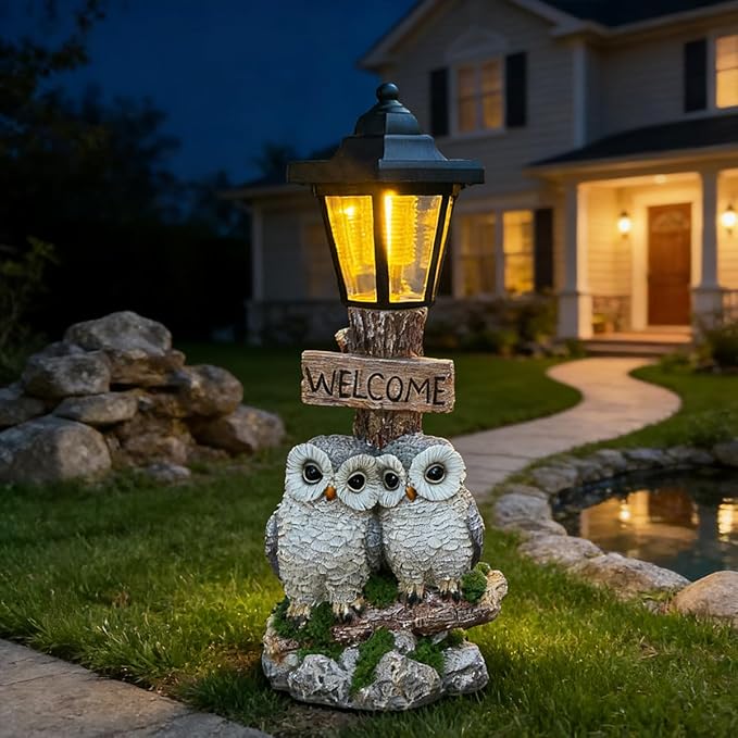 Outdoor Garden Owl Statue with Solar Lights, Owl Figure with Welcoming Sign,for Outdoor Landscapes, Courtyards, Paths,Outside Patio Lawn Decor，Gifts for Women, Owl Lovers